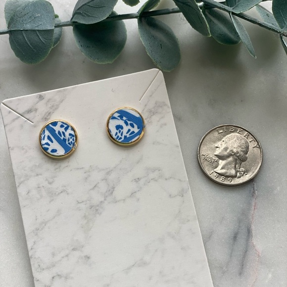 Blue and White Polymer Clay Gold Bezel Stud Earrings handmade - Picture 4 of 4